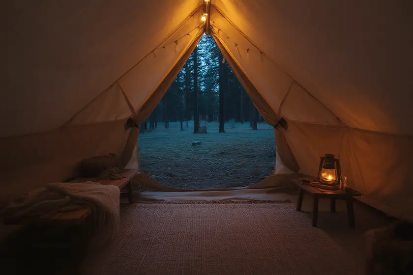 Inside a canvas glamping tent at dusk with string lights, a lantern and a view of the pine forest