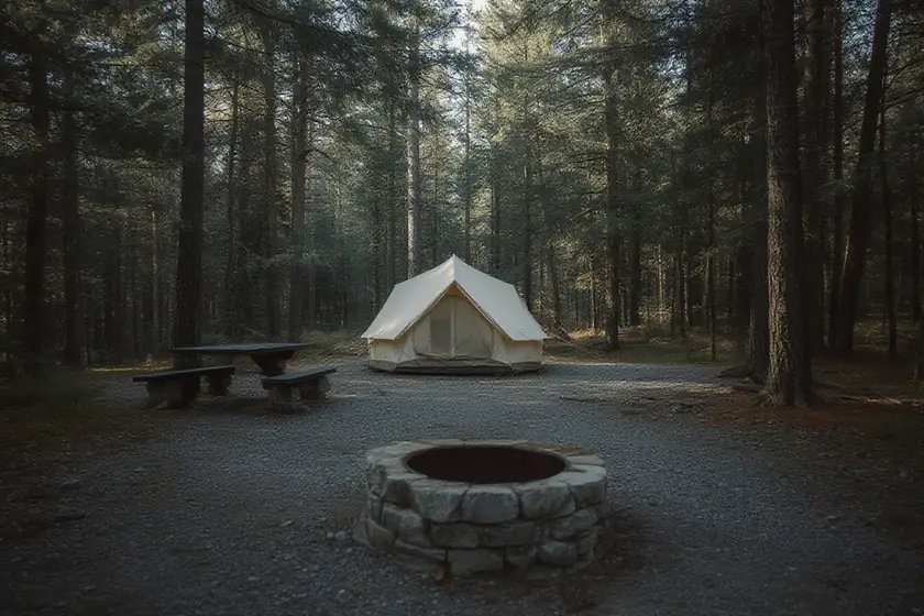 A canvas tent on a shaded gravel campsite among tall pines, with a stone fire ring in front