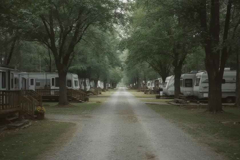 A tree-lined row of long-established seasonal RV sites with wooden decks